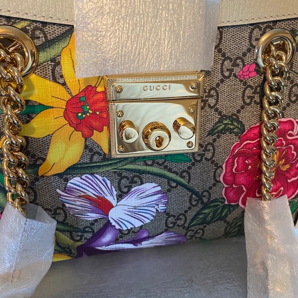 ✨NEW!✨GUCCI✨GG GUCCISSIMA SUPREME FLORA CANVAS & LEATHER PADLOCK CHAIN BAG - Picture 16 of 16